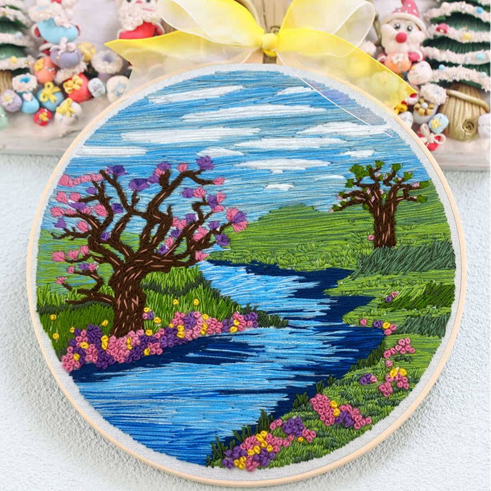 Lake & Sky View - DIY Embroidery Cross Stitch Kit with Pattern Cotton Threads Needles Hoop 30x30CM/11.81x11.81in