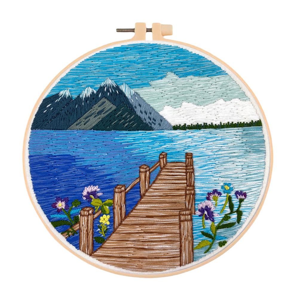 Lake & Mountain Scenery - DIY Embroidery Cross Stitch Kit with Pattern Cotton Threads Needles Hoop 30x30CM/11.81x11.81in