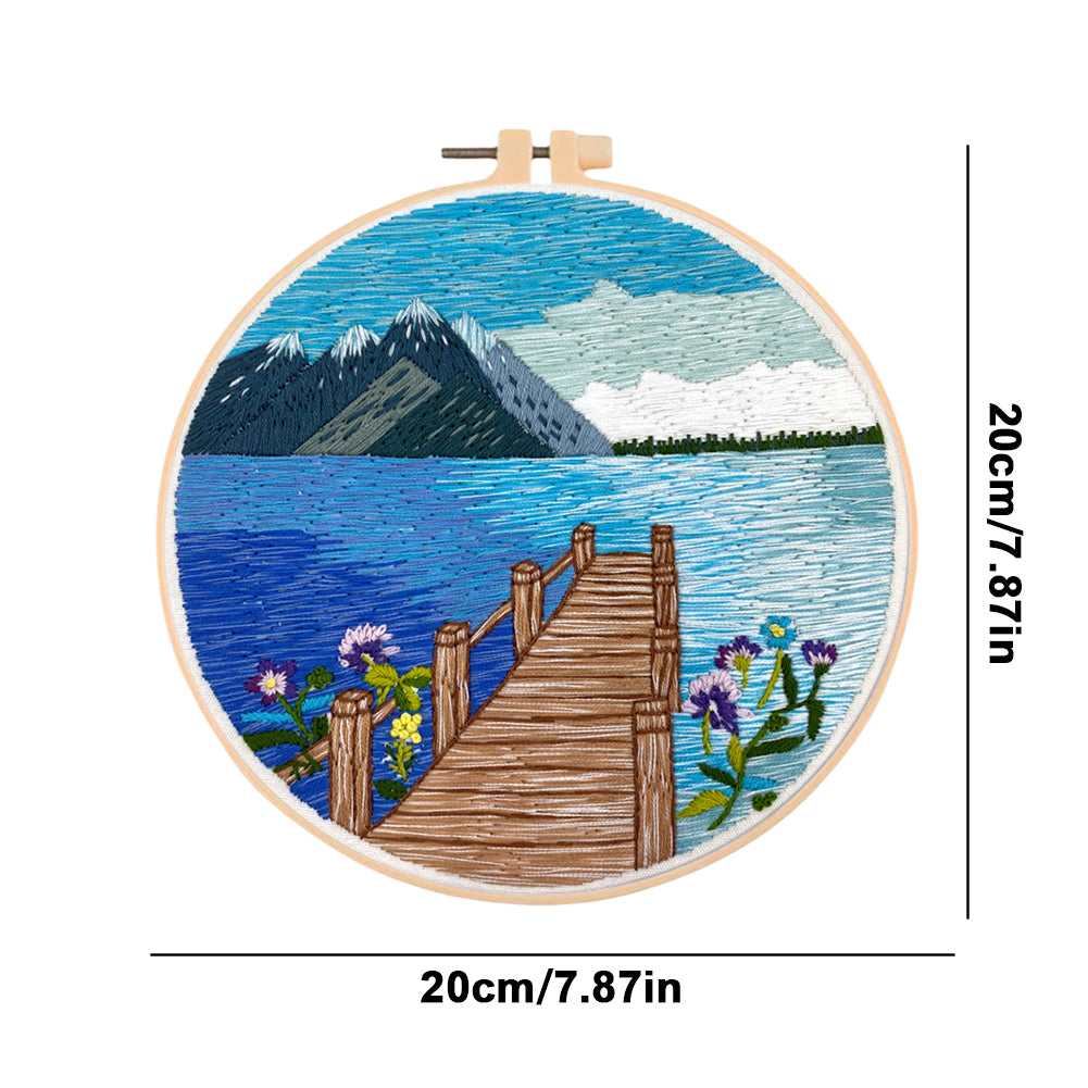 Lake & Mountain Scenery - DIY Embroidery Cross Stitch Kit with Pattern Cotton Threads Needles Hoop 30x30CM/11.81x11.81in