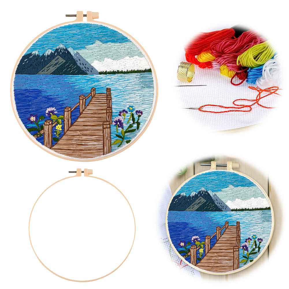 Lake & Mountain Scenery - DIY Embroidery Cross Stitch Kit with Pattern Cotton Threads Needles Hoop 30x30CM/11.81x11.81in