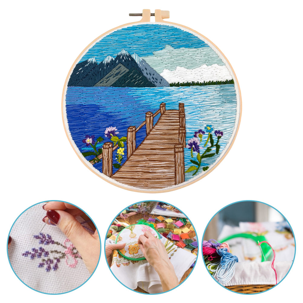 Lake & Mountain Scenery - DIY Embroidery Cross Stitch Kit with Pattern Cotton Threads Needles Hoop 30x30CM/11.81x11.81in