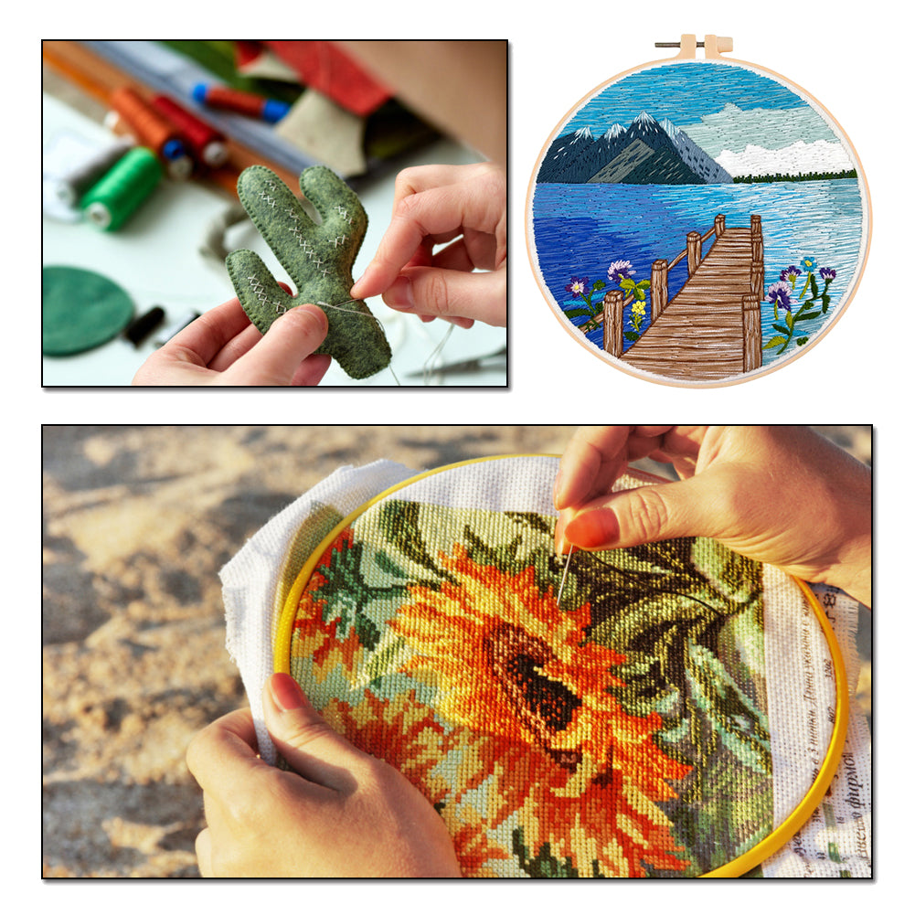 Lake & Mountain Scenery - DIY Embroidery Cross Stitch Kit with Pattern Cotton Threads Needles Hoop 30x30CM/11.81x11.81in