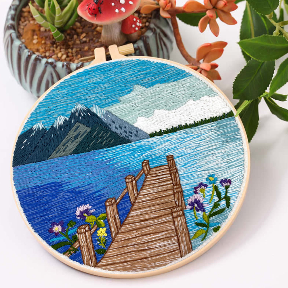 Lake & Mountain Scenery - DIY Embroidery Cross Stitch Kit with Pattern Cotton Threads Needles Hoop 30x30CM/11.81x11.81in
