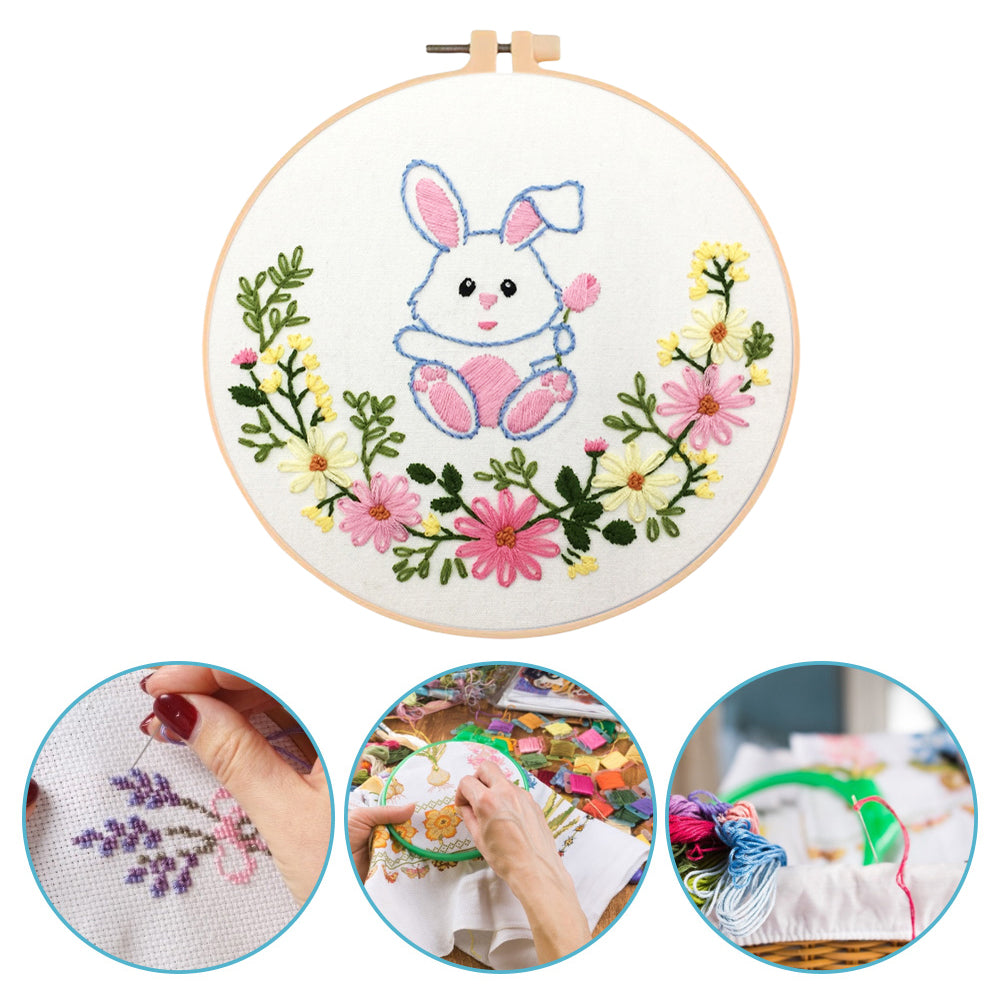 Cute Little Rabbit - DIY Embroidery Cross Stitch Kit with Pattern Cotton Threads Needles Hoop 30x30CM/11.81x11.81in