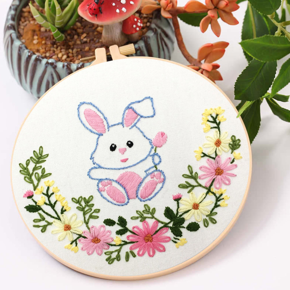 Cute Little Rabbit - DIY Embroidery Cross Stitch Kit with Pattern Cotton Threads Needles Hoop 30x30CM/11.81x11.81in