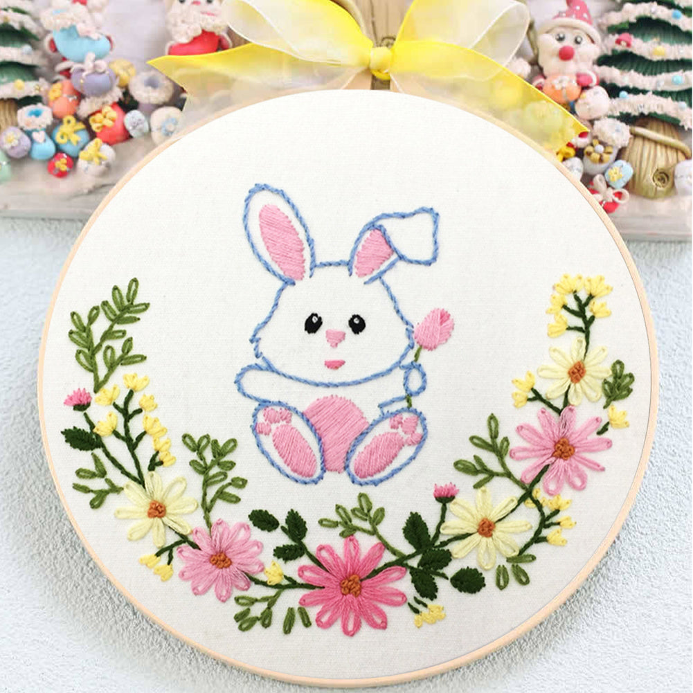 Cute Little Rabbit - DIY Embroidery Cross Stitch Kit with Pattern Cotton Threads Needles Hoop 30x30CM/11.81x11.81in