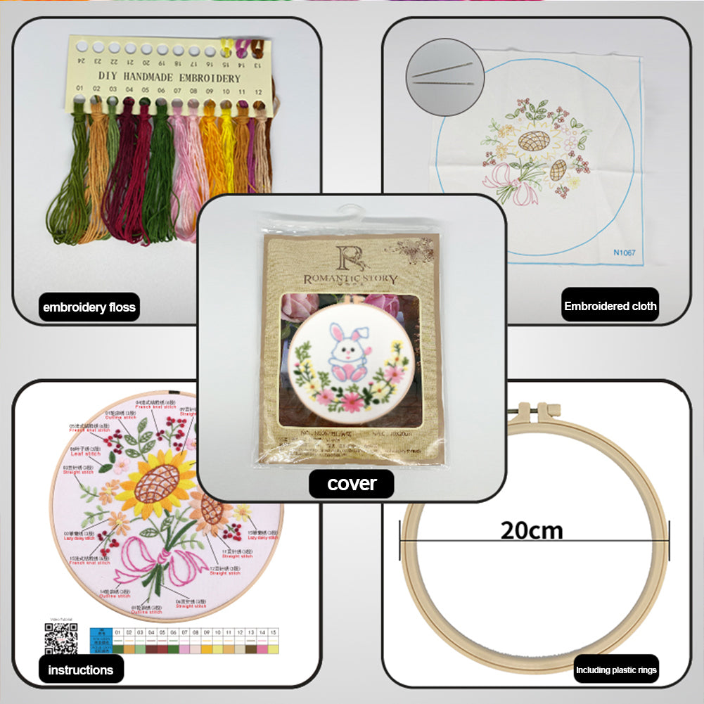 Cute Little Rabbit - DIY Embroidery Cross Stitch Kit with Pattern Cotton Threads Needles Hoop 30x30CM/11.81x11.81in