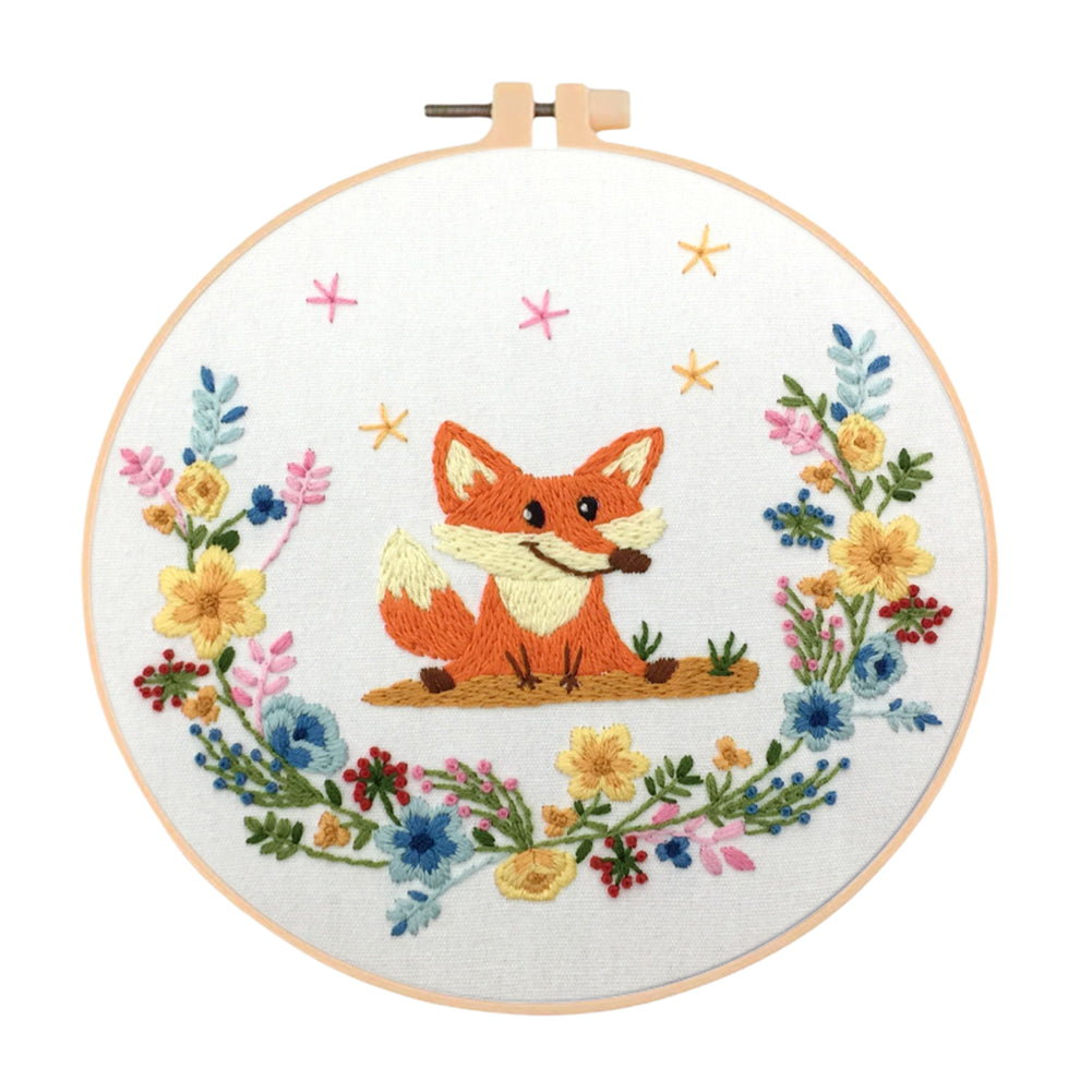 Cheerful Fox - DIY Embroidery Cross Stitch Kit with Pattern Cotton Threads Needles Hoop 30x30CM/11.81x11.81in