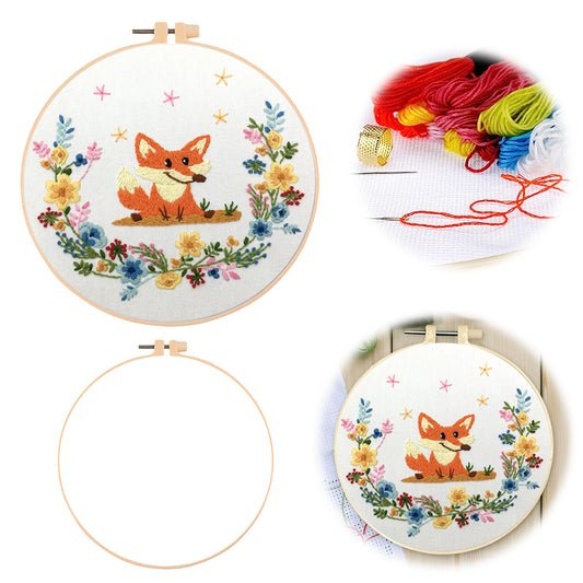 Cheerful Fox - DIY Embroidery Cross Stitch Kit with Pattern Cotton Threads Needles Hoop 30x30CM/11.81x11.81in