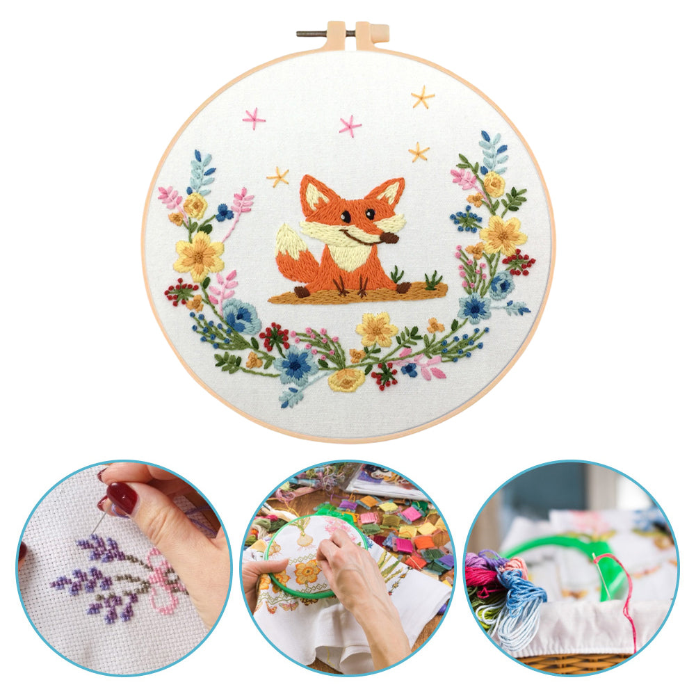 Cheerful Fox - DIY Embroidery Cross Stitch Kit with Pattern Cotton Threads Needles Hoop 30x30CM/11.81x11.81in
