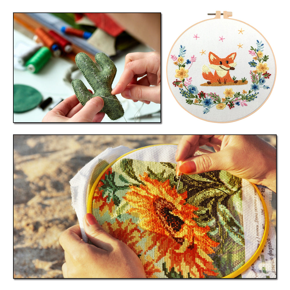 Cheerful Fox - DIY Embroidery Cross Stitch Kit with Pattern Cotton Threads Needles Hoop 30x30CM/11.81x11.81in