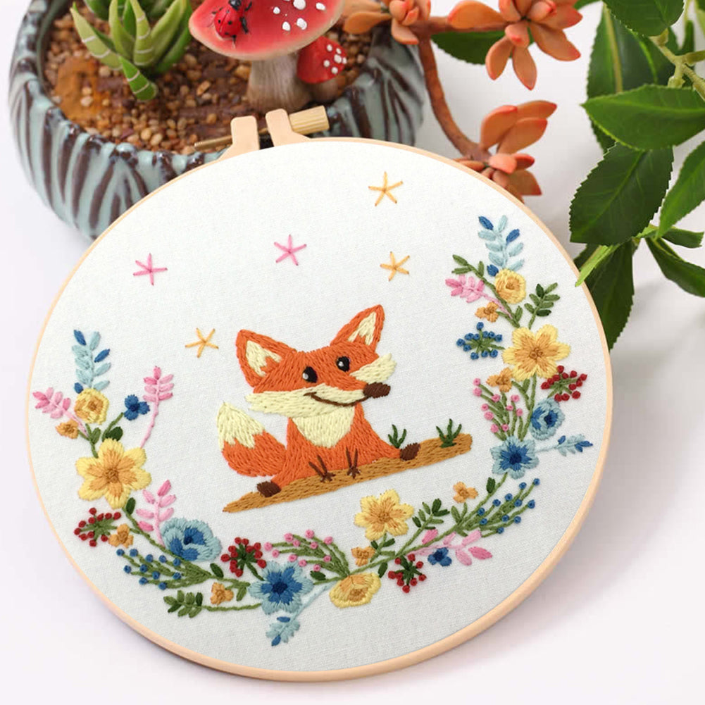 Cheerful Fox - DIY Embroidery Cross Stitch Kit with Pattern Cotton Threads Needles Hoop 30x30CM/11.81x11.81in