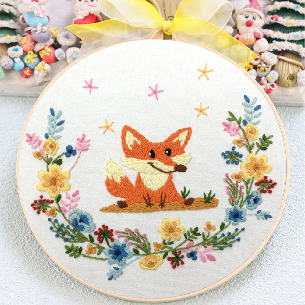 Cheerful Fox - DIY Embroidery Cross Stitch Kit with Pattern Cotton Threads Needles Hoop 30x30CM/11.81x11.81in