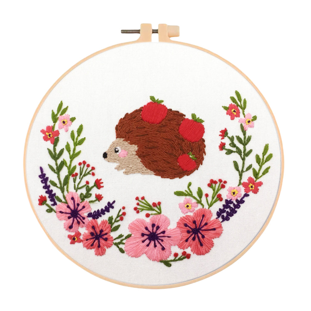 Hedgehog With Fruits - DIY Embroidery Cross Stitch Kit with Pattern Cotton Threads Needles Hoop 30x30CM/11.81x11.81in