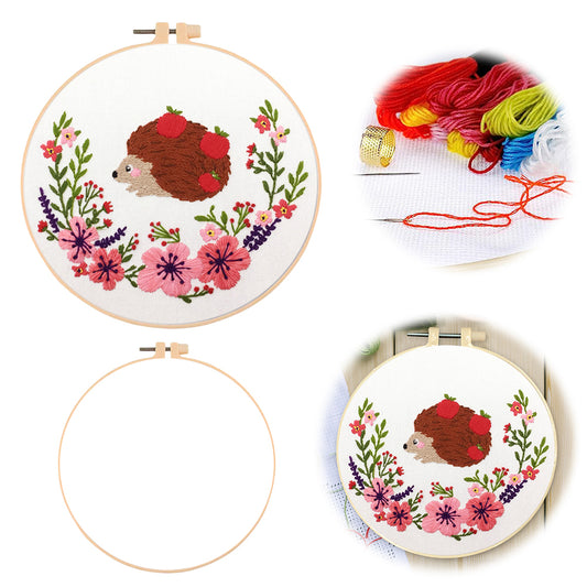 Hedgehog With Fruits - DIY Embroidery Cross Stitch Kit with Pattern Cotton Threads Needles Hoop 30x30CM/11.81x11.81in