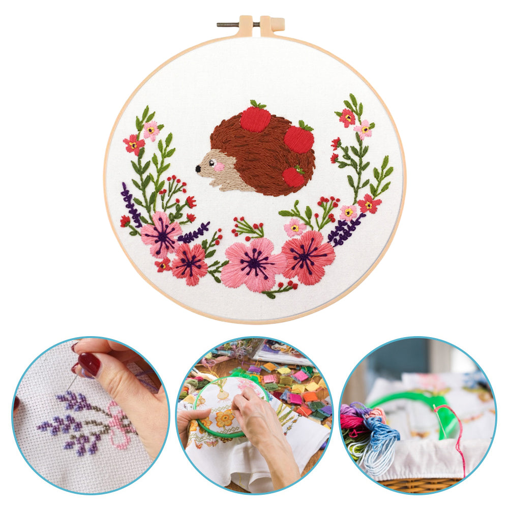 Hedgehog With Fruits - DIY Embroidery Cross Stitch Kit with Pattern Cotton Threads Needles Hoop 30x30CM/11.81x11.81in
