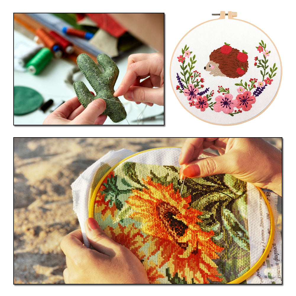 Hedgehog With Fruits - DIY Embroidery Cross Stitch Kit with Pattern Cotton Threads Needles Hoop 30x30CM/11.81x11.81in