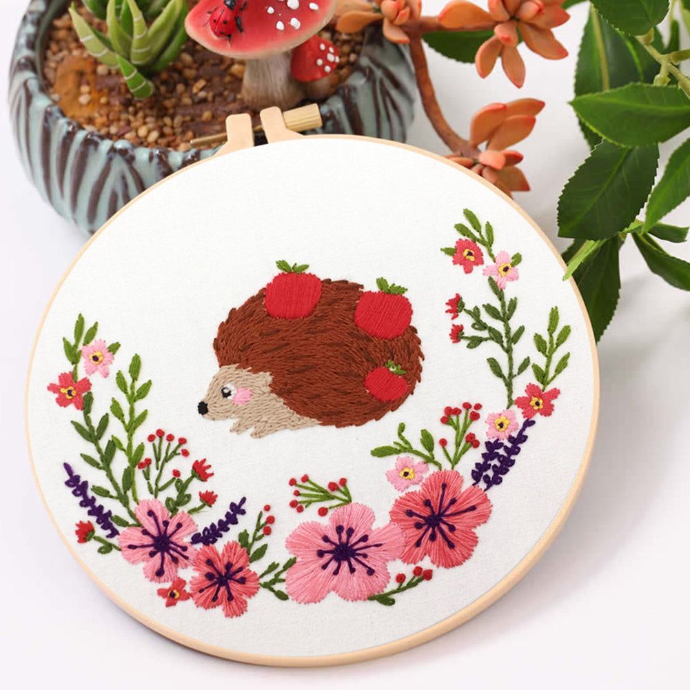 Hedgehog With Fruits - DIY Embroidery Cross Stitch Kit with Pattern Cotton Threads Needles Hoop 30x30CM/11.81x11.81in