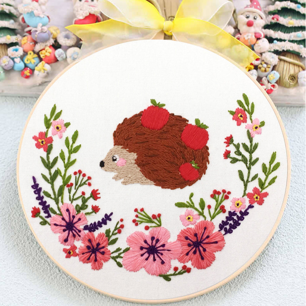 Hedgehog With Fruits - DIY Embroidery Cross Stitch Kit with Pattern Cotton Threads Needles Hoop 30x30CM/11.81x11.81in
