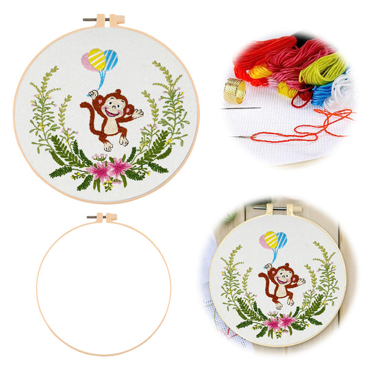Playful Monkey - DIY Embroidery Cross Stitch Kit with Pattern Cotton Threads Needles Hoop 30x30CM/11.81x11.81in