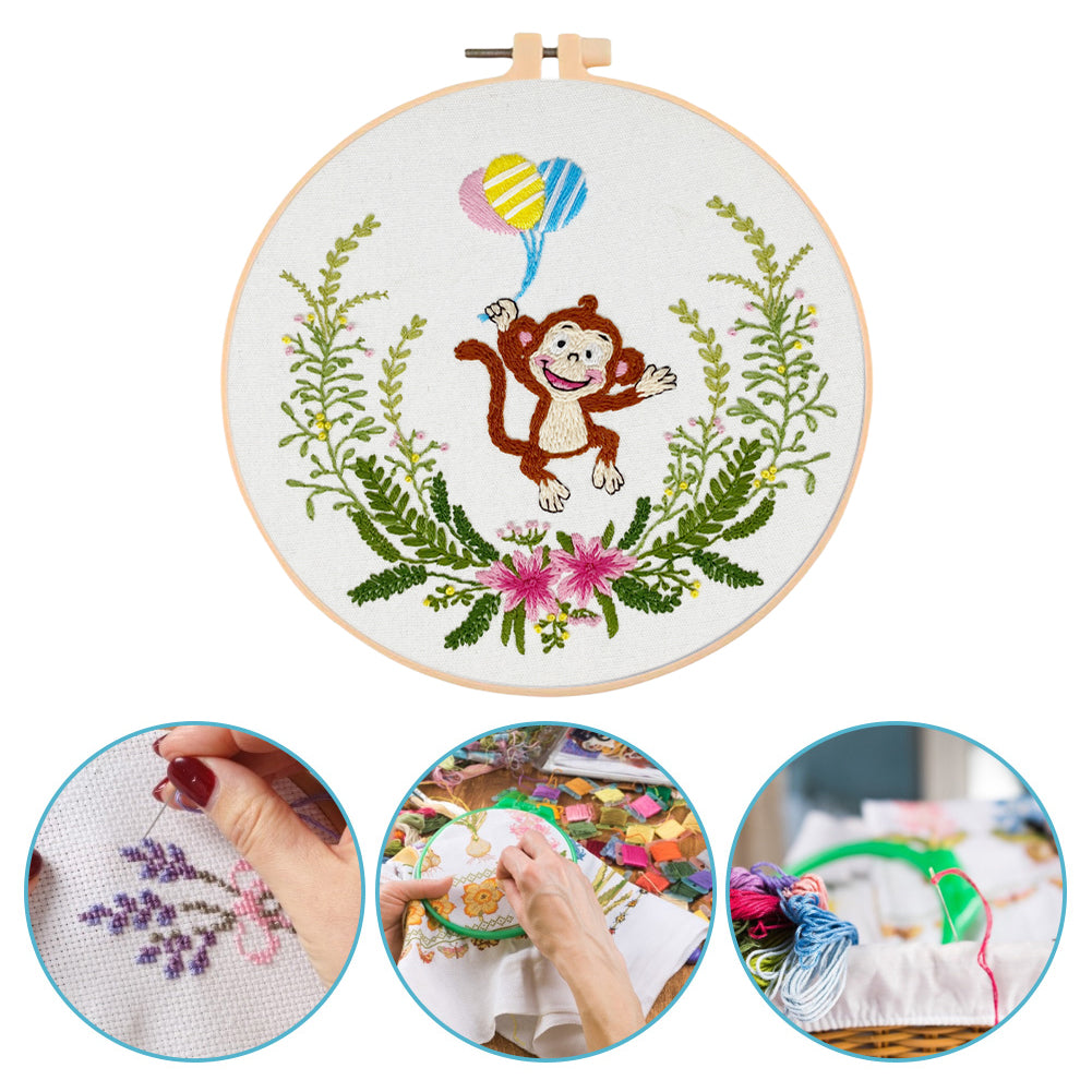 Playful Monkey - DIY Embroidery Cross Stitch Kit with Pattern Cotton Threads Needles Hoop 30x30CM/11.81x11.81in