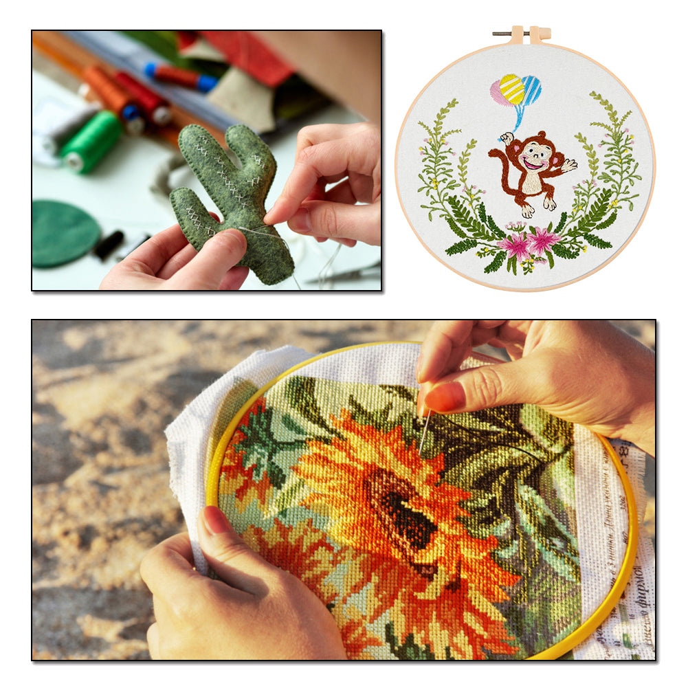 Playful Monkey - DIY Embroidery Cross Stitch Kit with Pattern Cotton Threads Needles Hoop 30x30CM/11.81x11.81in
