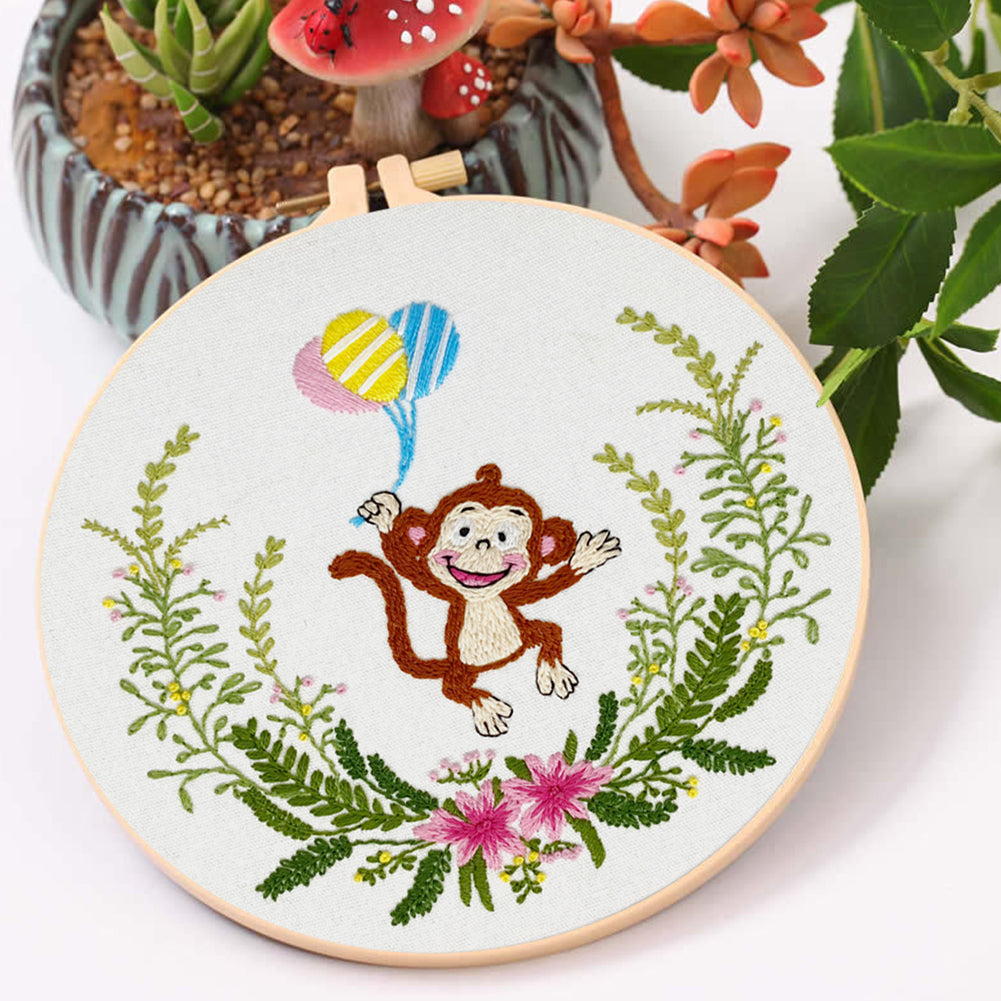 Playful Monkey - DIY Embroidery Cross Stitch Kit with Pattern Cotton Threads Needles Hoop 30x30CM/11.81x11.81in