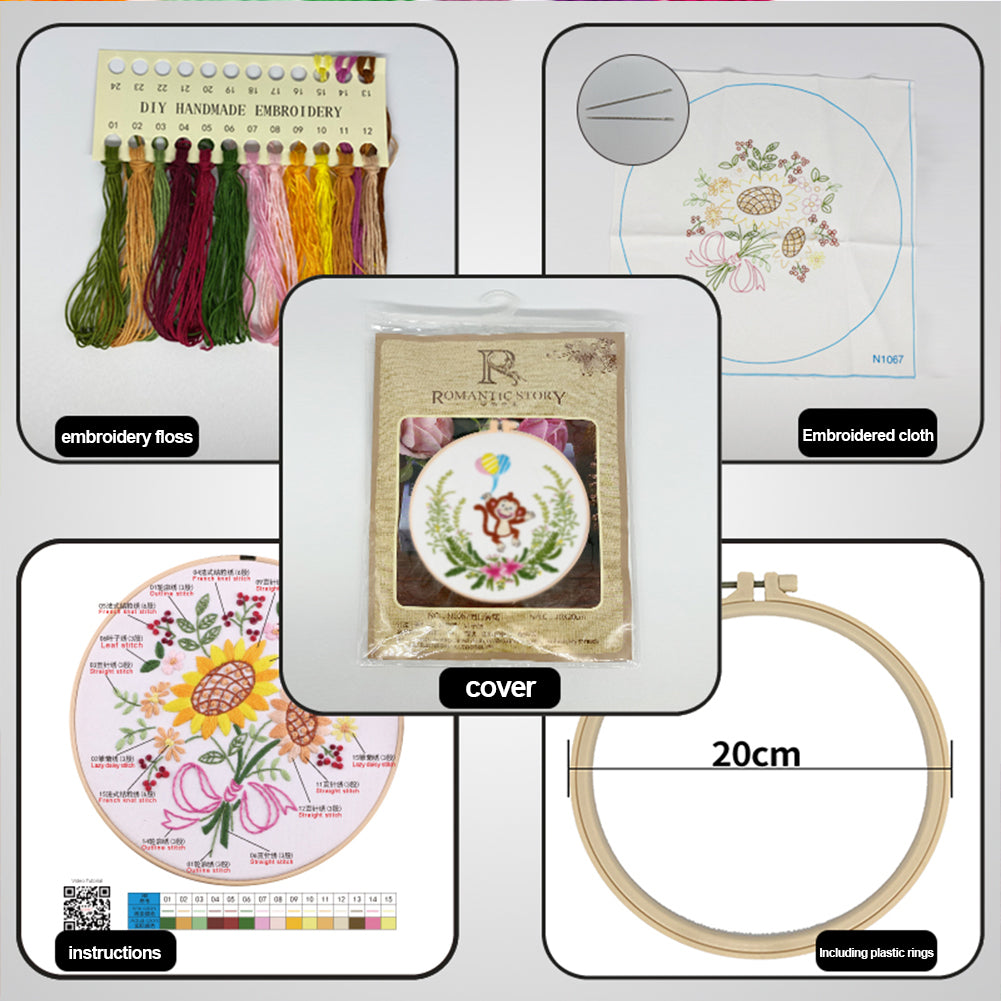 Playful Monkey - DIY Embroidery Cross Stitch Kit with Pattern Cotton Threads Needles Hoop 30x30CM/11.81x11.81in