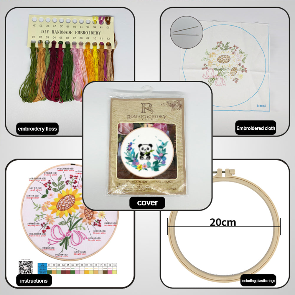 Chubby Panda - DIY Embroidery Cross Stitch Kit with Pattern Cotton Threads Needles Hoop 30x30CM/11.81x11.81in