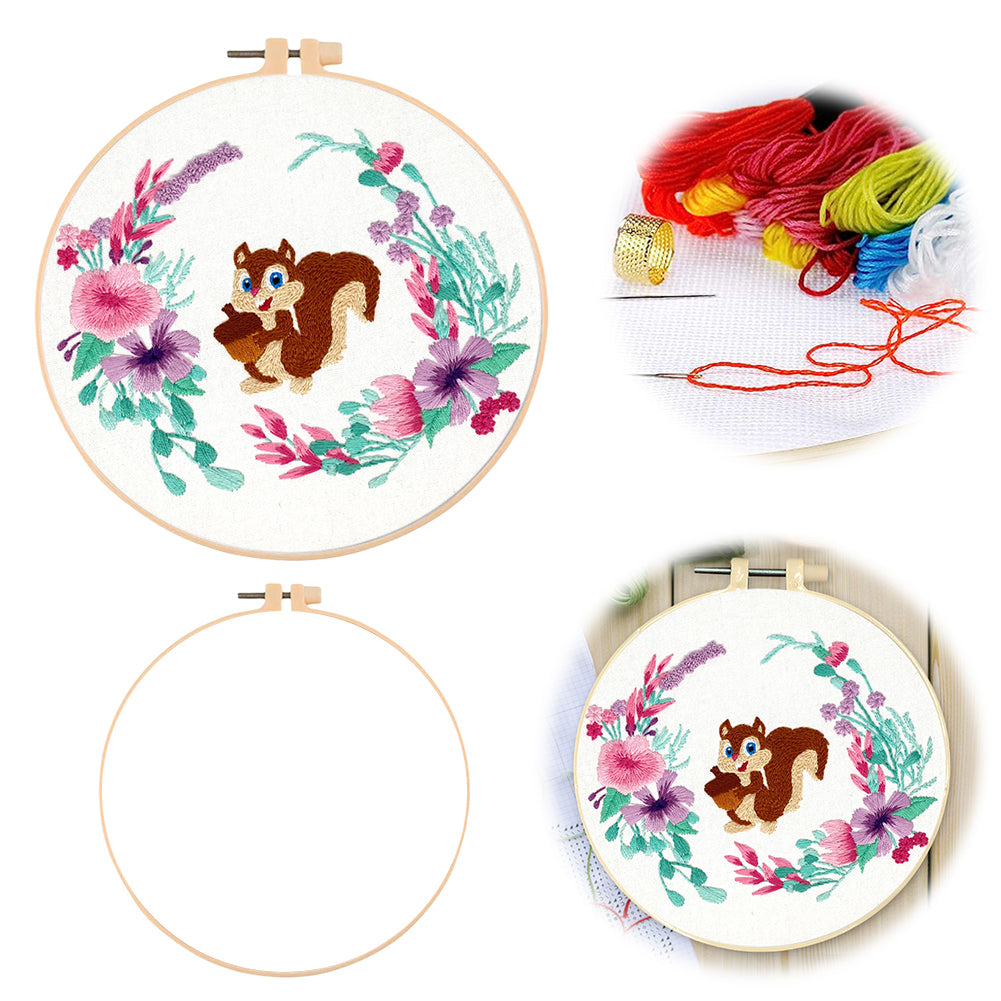 Cute Squirrel - DIY Embroidery Cross Stitch Kit with Pattern Cotton Threads Needles Hoop 30x30CM/11.81x11.81in