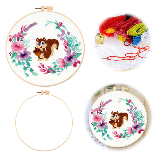 Cute Squirrel - DIY Embroidery Cross Stitch Kit with Pattern Cotton Threads Needles Hoop 30x30CM/11.81x11.81in