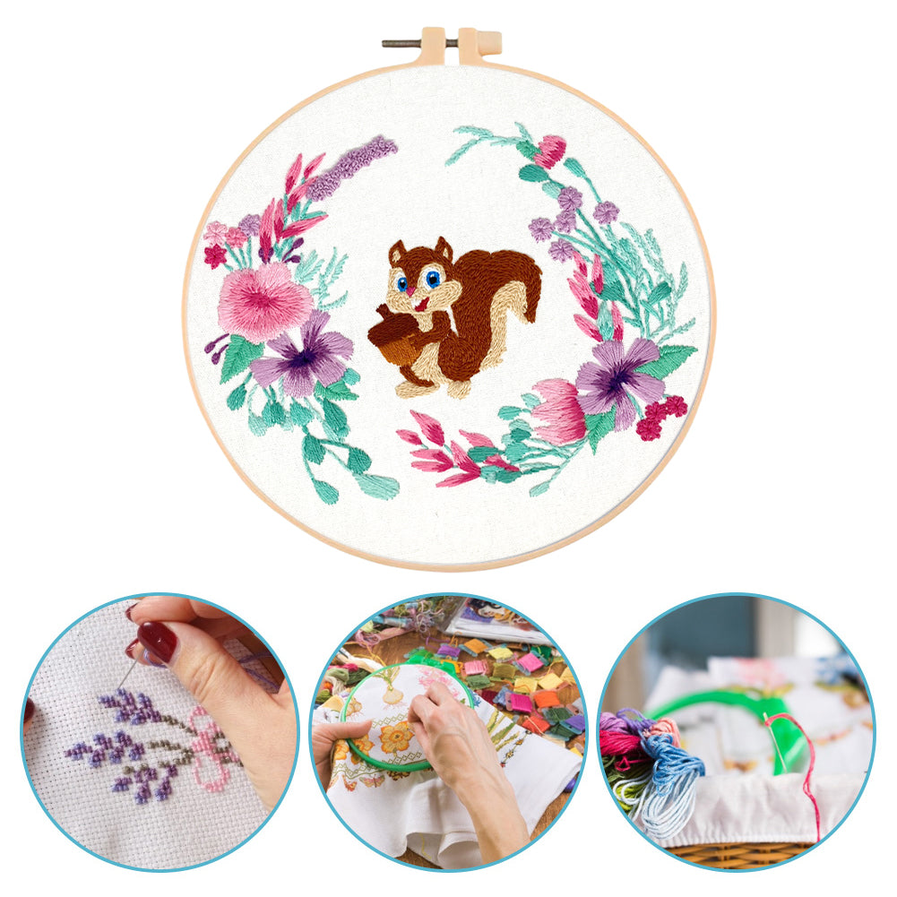 Cute Squirrel - DIY Embroidery Cross Stitch Kit with Pattern Cotton Threads Needles Hoop 30x30CM/11.81x11.81in