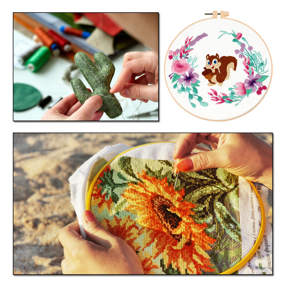 Cute Squirrel - DIY Embroidery Cross Stitch Kit with Pattern Cotton Threads Needles Hoop 30x30CM/11.81x11.81in