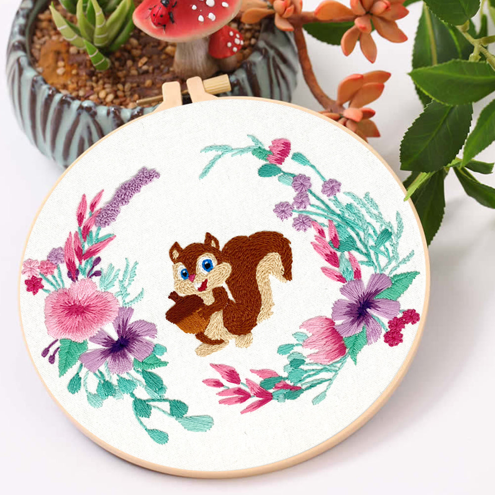 Cute Squirrel - DIY Embroidery Cross Stitch Kit with Pattern Cotton Threads Needles Hoop 30x30CM/11.81x11.81in