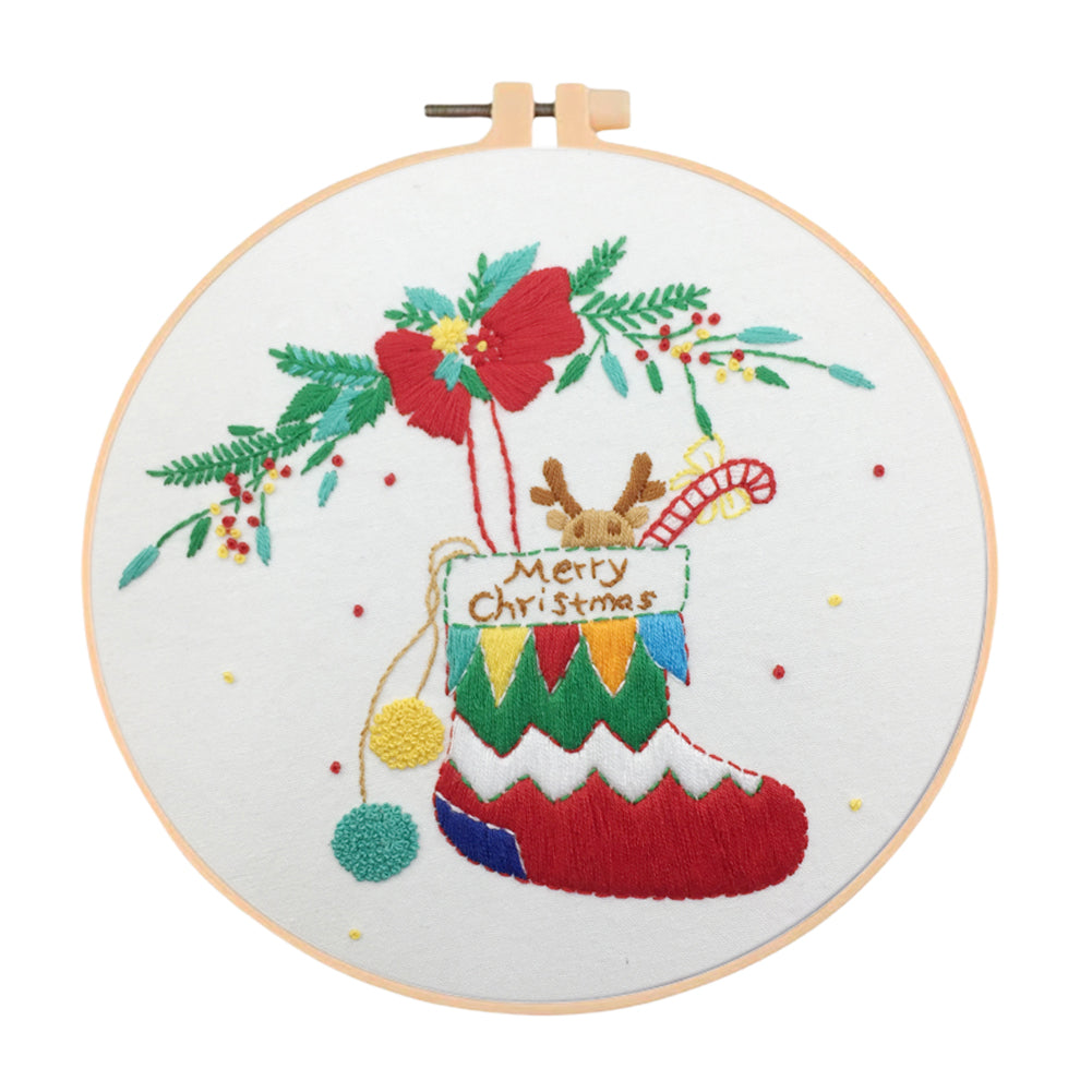 Elk Christmas Stocking - DIY Embroidery Cross Stitch Kit with Pattern Cotton Threads Needles Hoop 30x30CM/11.81x11.81in