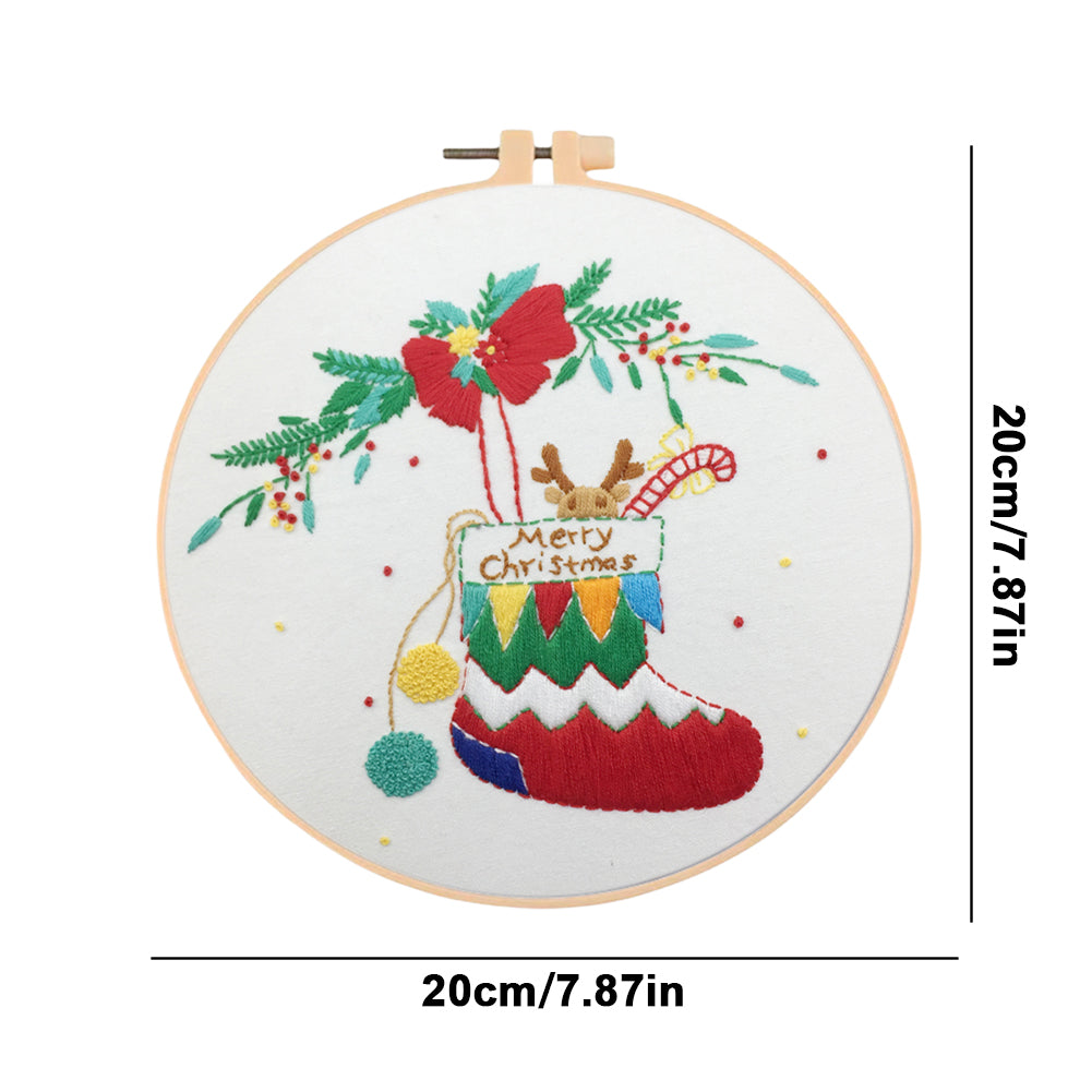 Elk Christmas Stocking - DIY Embroidery Cross Stitch Kit with Pattern Cotton Threads Needles Hoop 30x30CM/11.81x11.81in