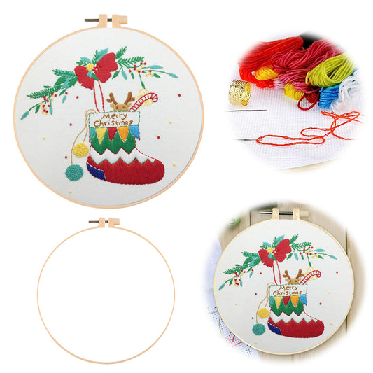 Elk Christmas Stocking - DIY Embroidery Cross Stitch Kit with Pattern Cotton Threads Needles Hoop 30x30CM/11.81x11.81in
