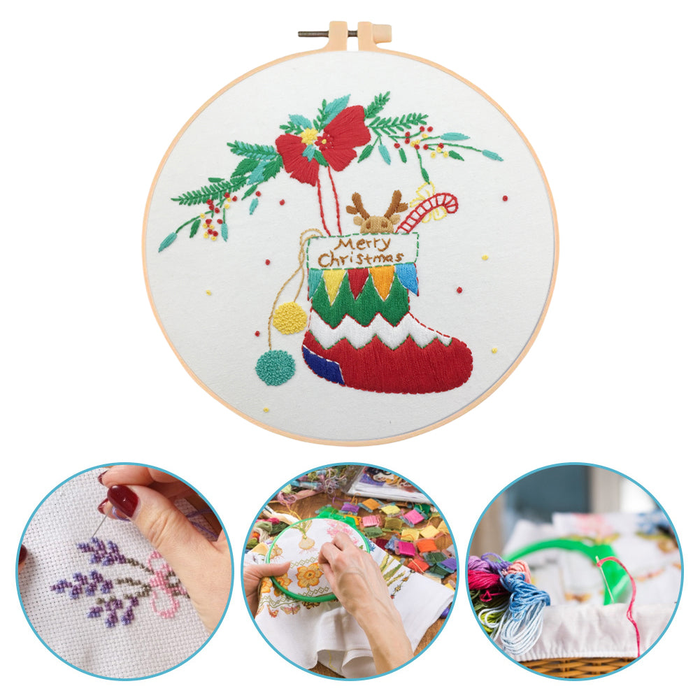 Elk Christmas Stocking - DIY Embroidery Cross Stitch Kit with Pattern Cotton Threads Needles Hoop 30x30CM/11.81x11.81in