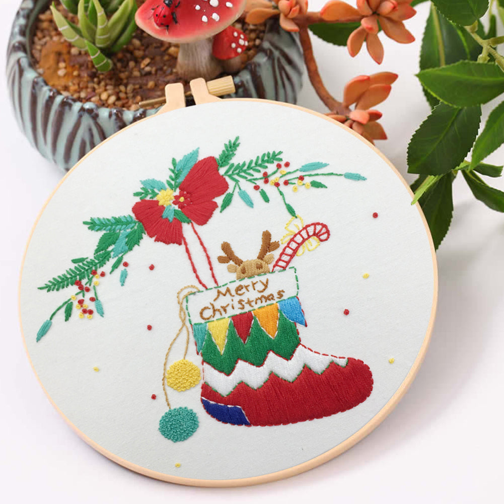 Elk Christmas Stocking - DIY Embroidery Cross Stitch Kit with Pattern Cotton Threads Needles Hoop 30x30CM/11.81x11.81in