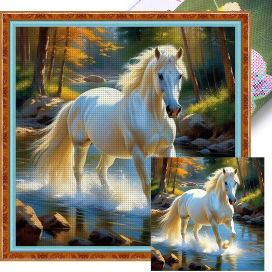 White Horse Walking In Water - Full 11CT Stamped Cross Stitch 40x40CM - Yishu