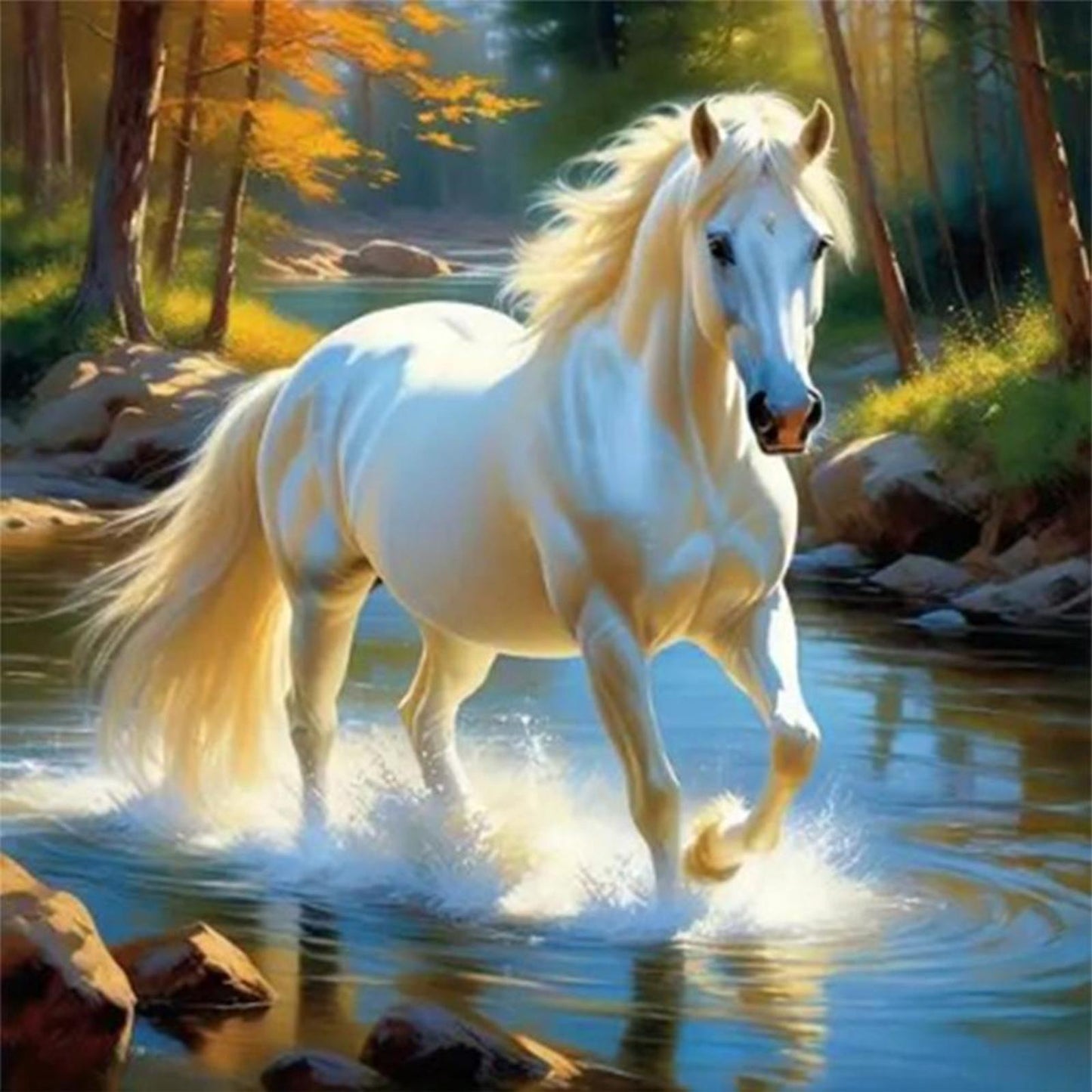 White Horse Walking In Water - Full 11CT Stamped Cross Stitch 40x40CM - Yishu