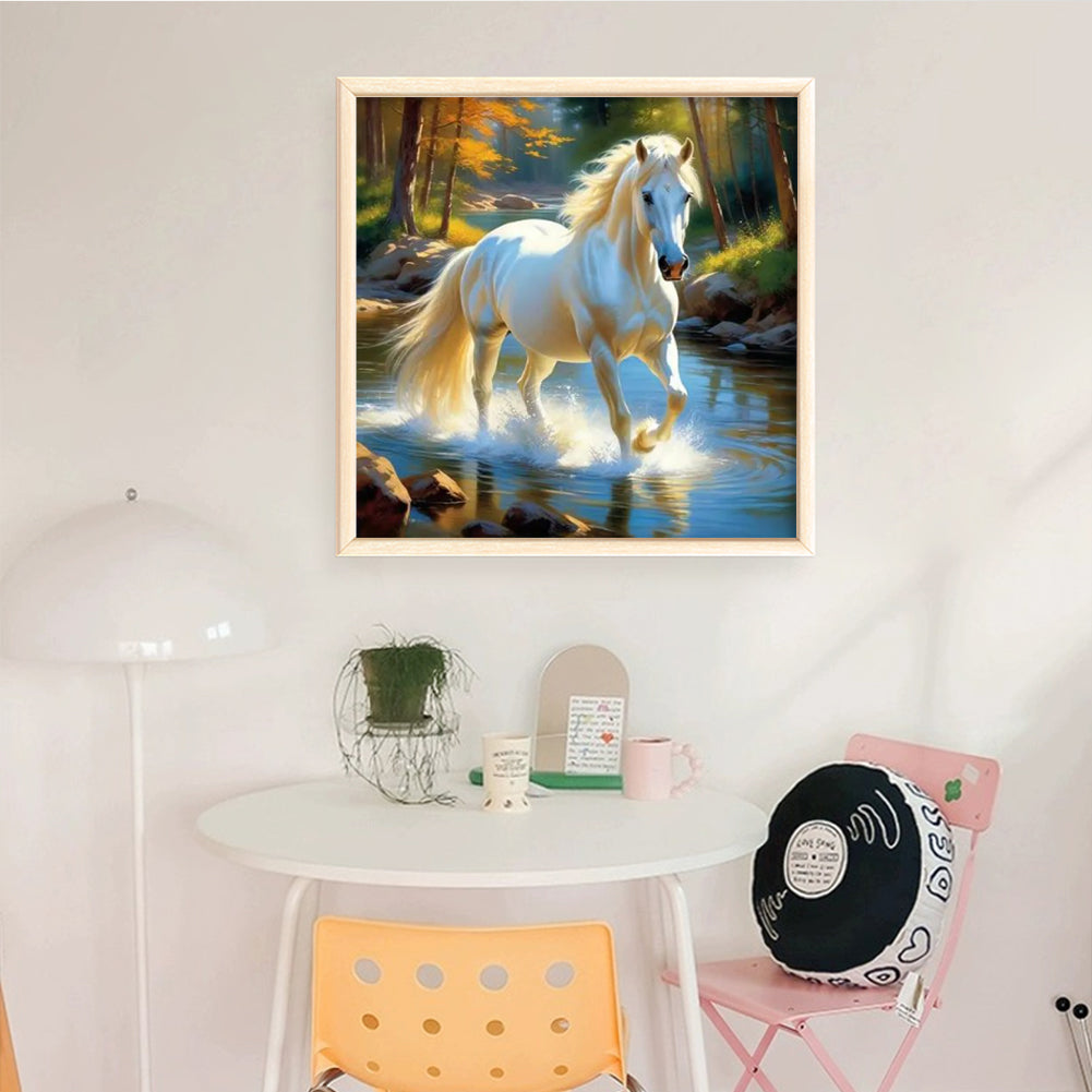 White Horse Walking In Water - Full 11CT Stamped Cross Stitch 40x40CM - Yishu