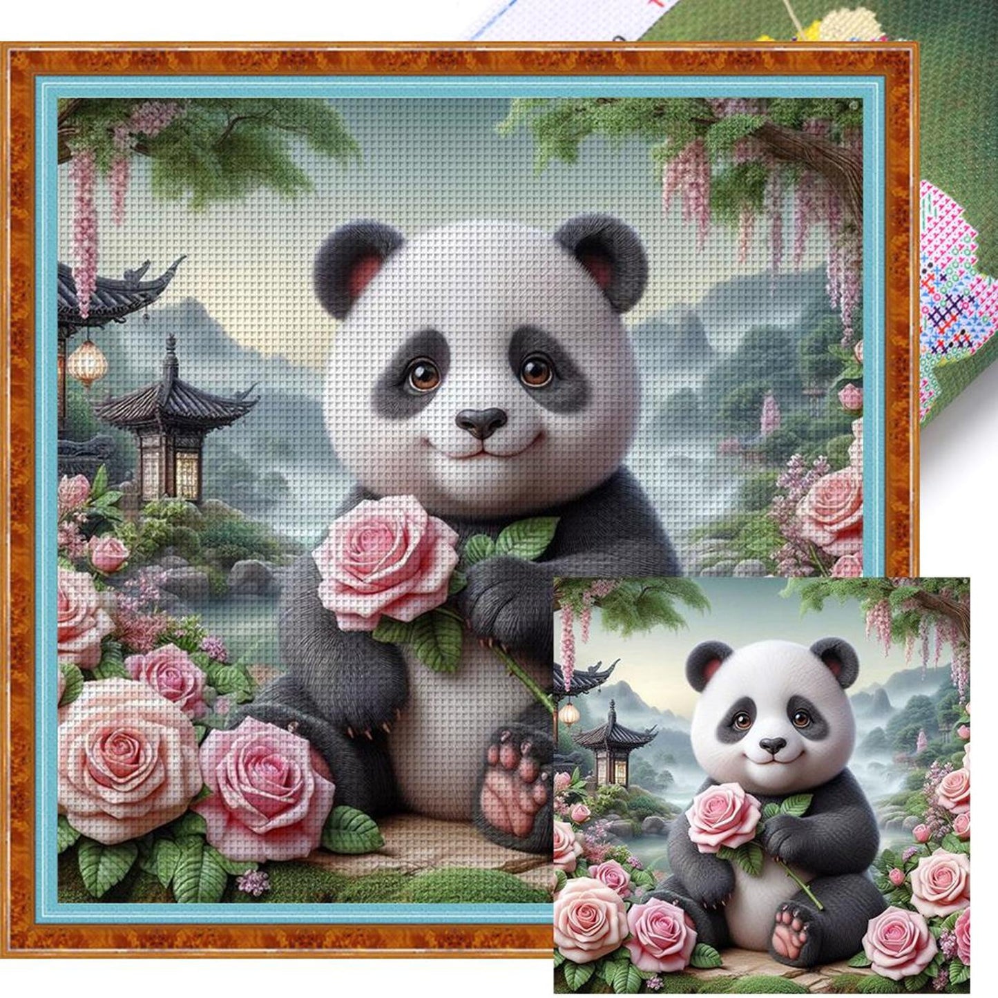 Panda With Roses - Full 11CT Stamped Cross Stitch 40x40CM - Huacan