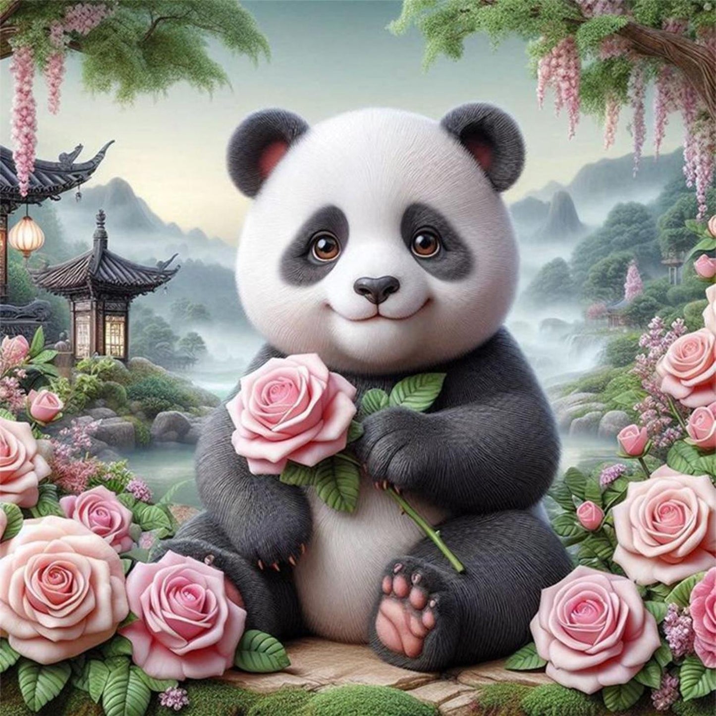 Panda With Roses - Full 11CT Stamped Cross Stitch 40x40CM - Huacan