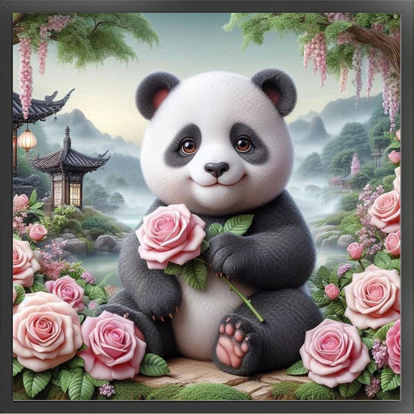 Panda With Roses - Full 11CT Stamped Cross Stitch 40x40CM - Huacan