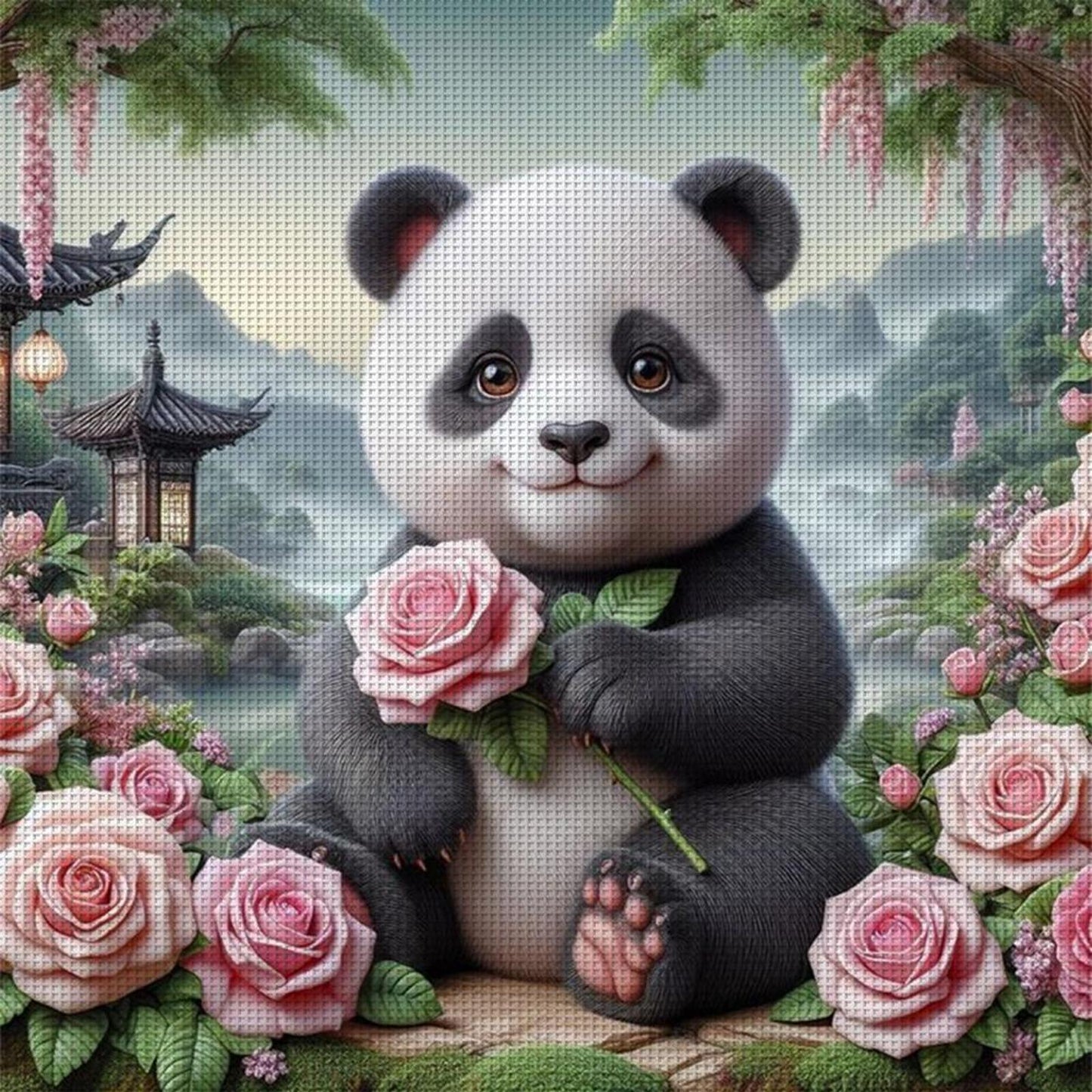 Panda With Roses - Full 11CT Stamped Cross Stitch 40x40CM - Huacan