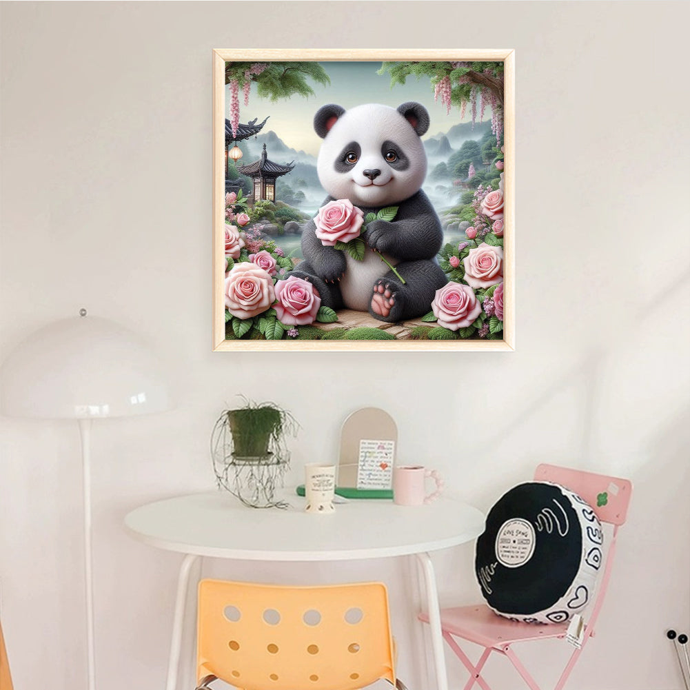 Panda With Roses - Full 11CT Stamped Cross Stitch 40x40CM - Huacan