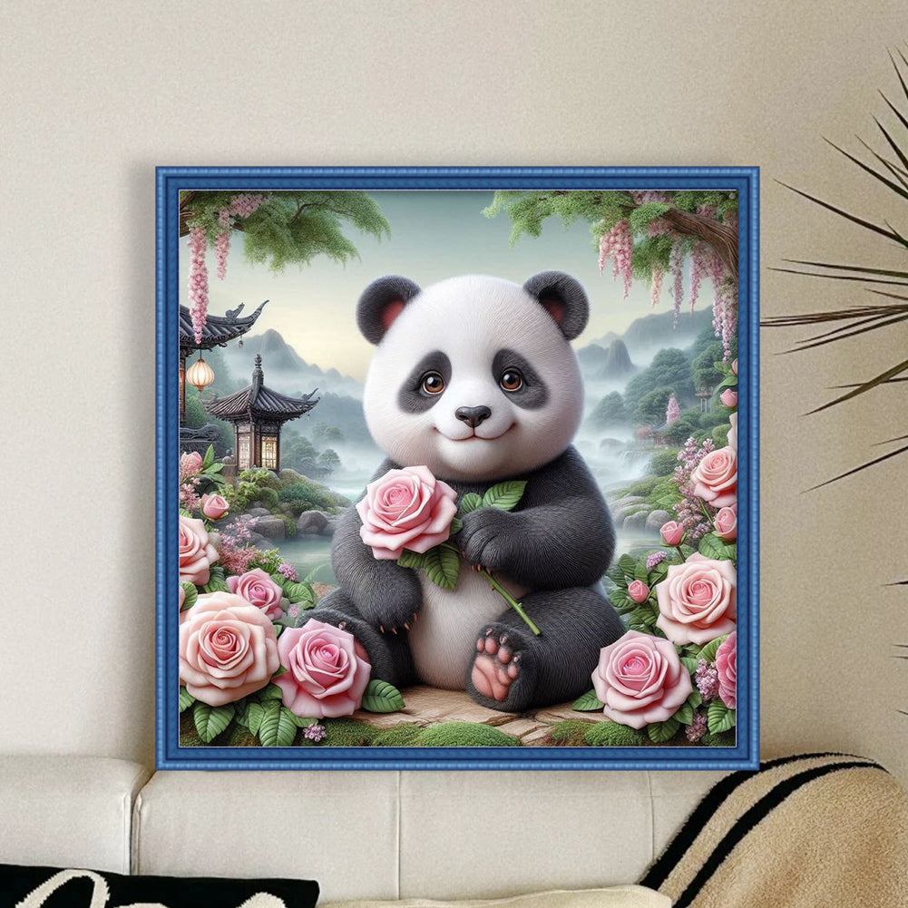 Panda With Roses - Full 11CT Stamped Cross Stitch 40x40CM - Huacan