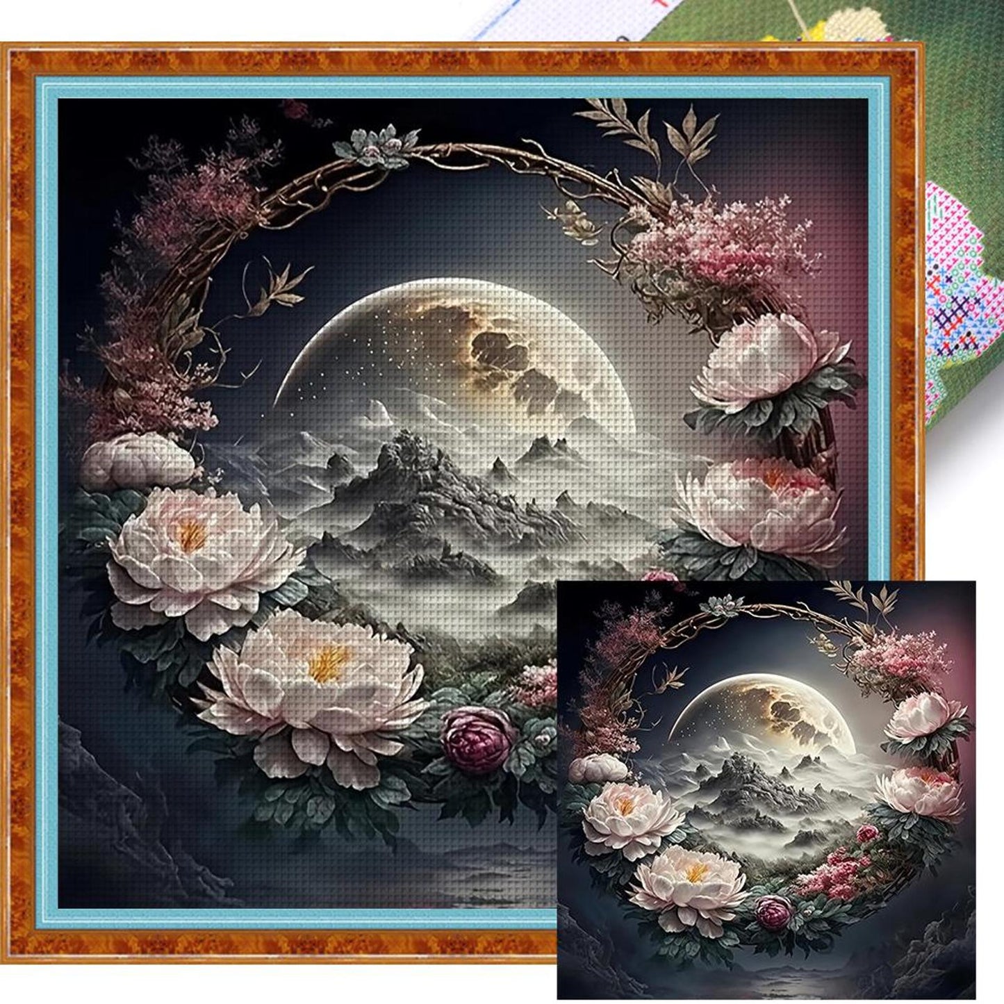 Peony And Moon - Full 11CT Stamped Cross Stitch 45x45CM - Huacan