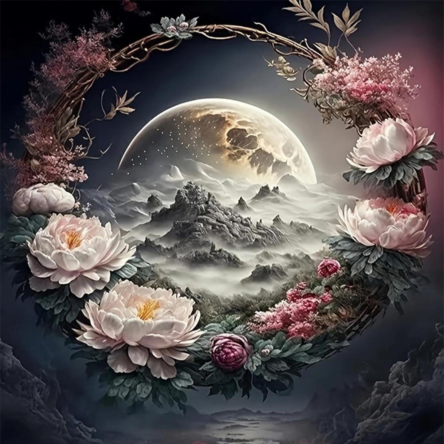 Peony And Moon - Full 11CT Stamped Cross Stitch 45x45CM - Huacan